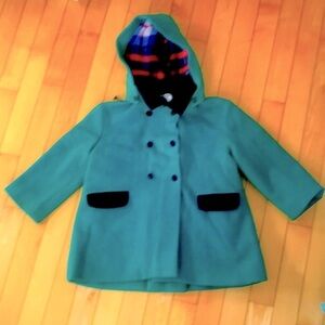 Vintage Emerald Green Wool kids lined Winter Coat with removable Hood.